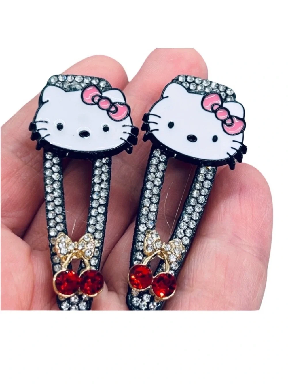 Kitty Crystal Cherry Hair Clips - White & Pink Accents FINAL PRICE DROP